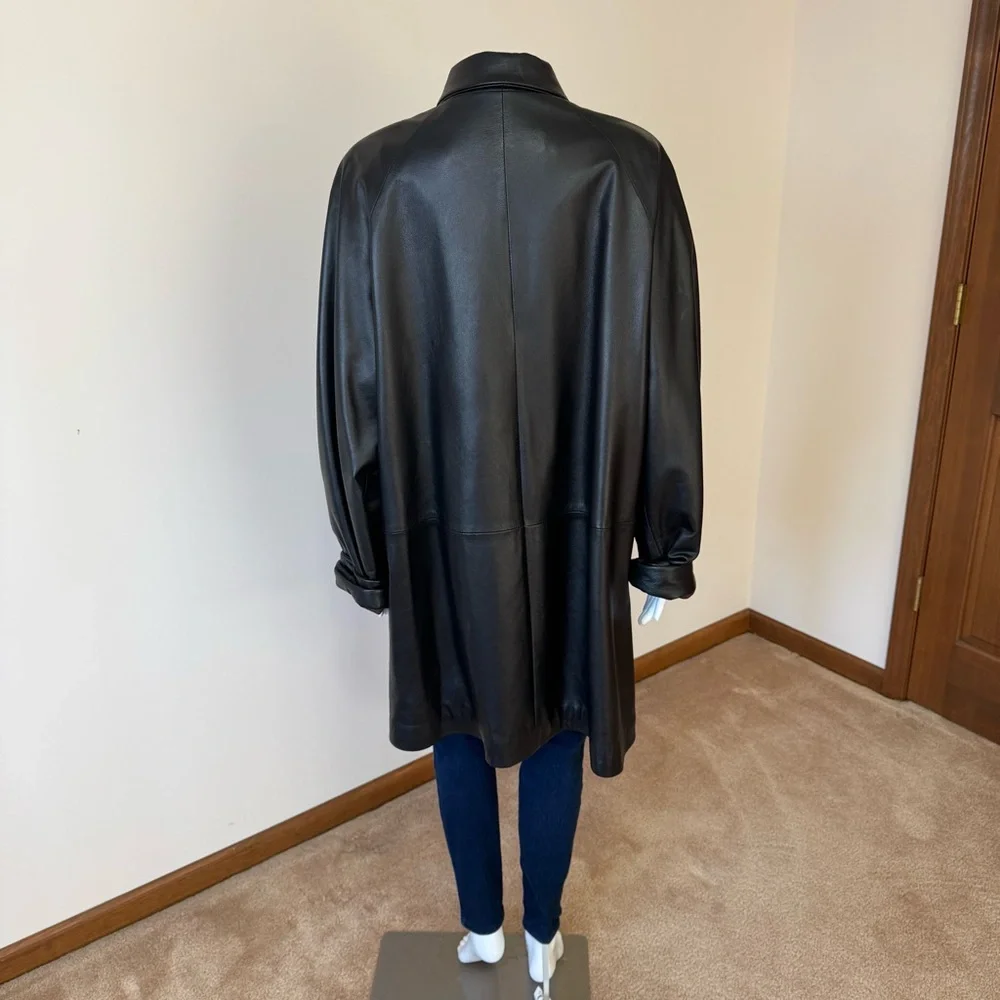 80s Vintage REMY LEATHER Black Trench Duster Futuristic Goth Coat XL